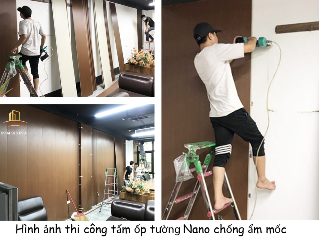 Thợ thi công tiến hành lắp đặt tấm nhựa ốp tường Nano