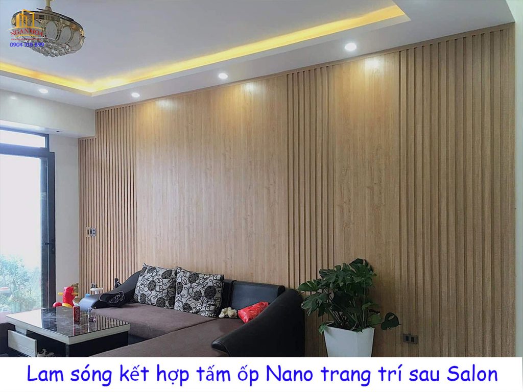 Lam sóng kết hợp tấm ốp Nano trang trí sau Salon NH
