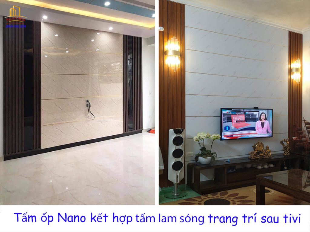 Tấm ốp Nano kết hợp tấm lam sóng trang trí sau tivi